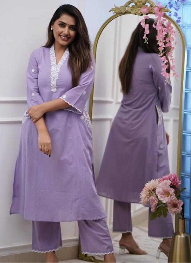 Cotton Lavender Daily Wear Embroidery Work Readymade Cord Set